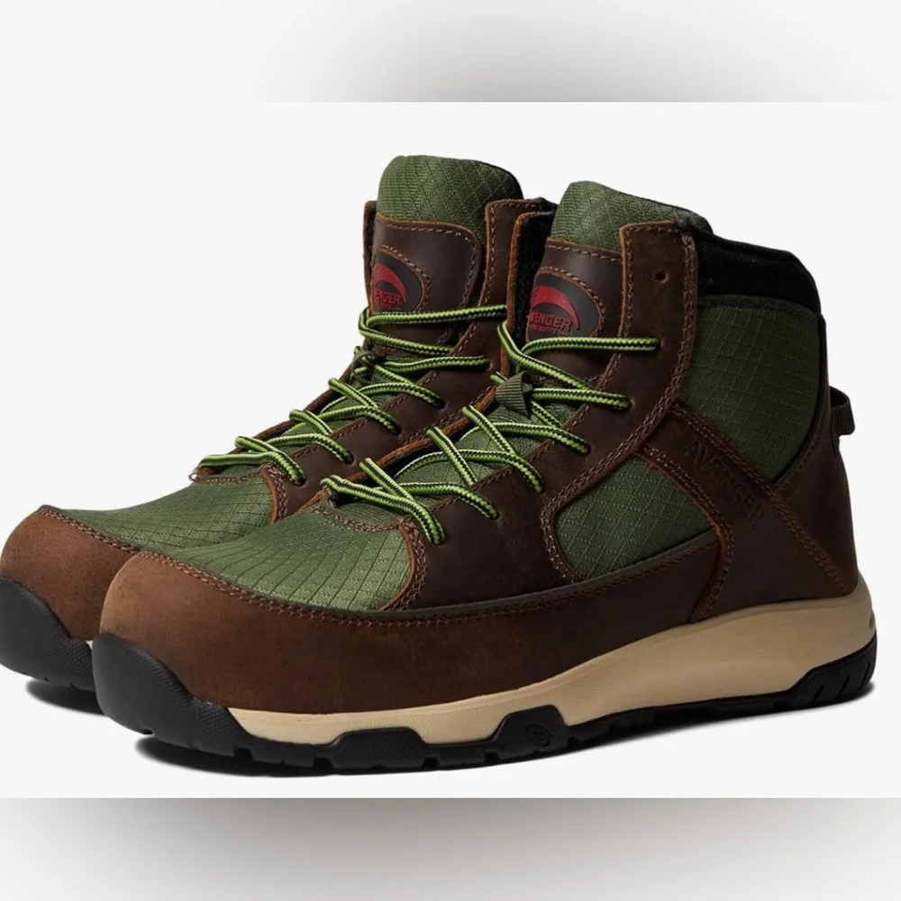 Avenger Work Boot - Edge Mid Brown/Green Metal Free Carbon Safety Toe US 10 1/2M